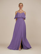 KissDress-Eira Tahiti A Line Chiffon Off the Shoulder Ruffled Overlay Long Bridesmaid Dress with Slit