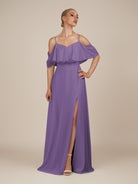 KissDress-Eira Tahiti A Line Chiffon Off the Shoulder Ruffled Overlay Long Bridesmaid Dress with Slit