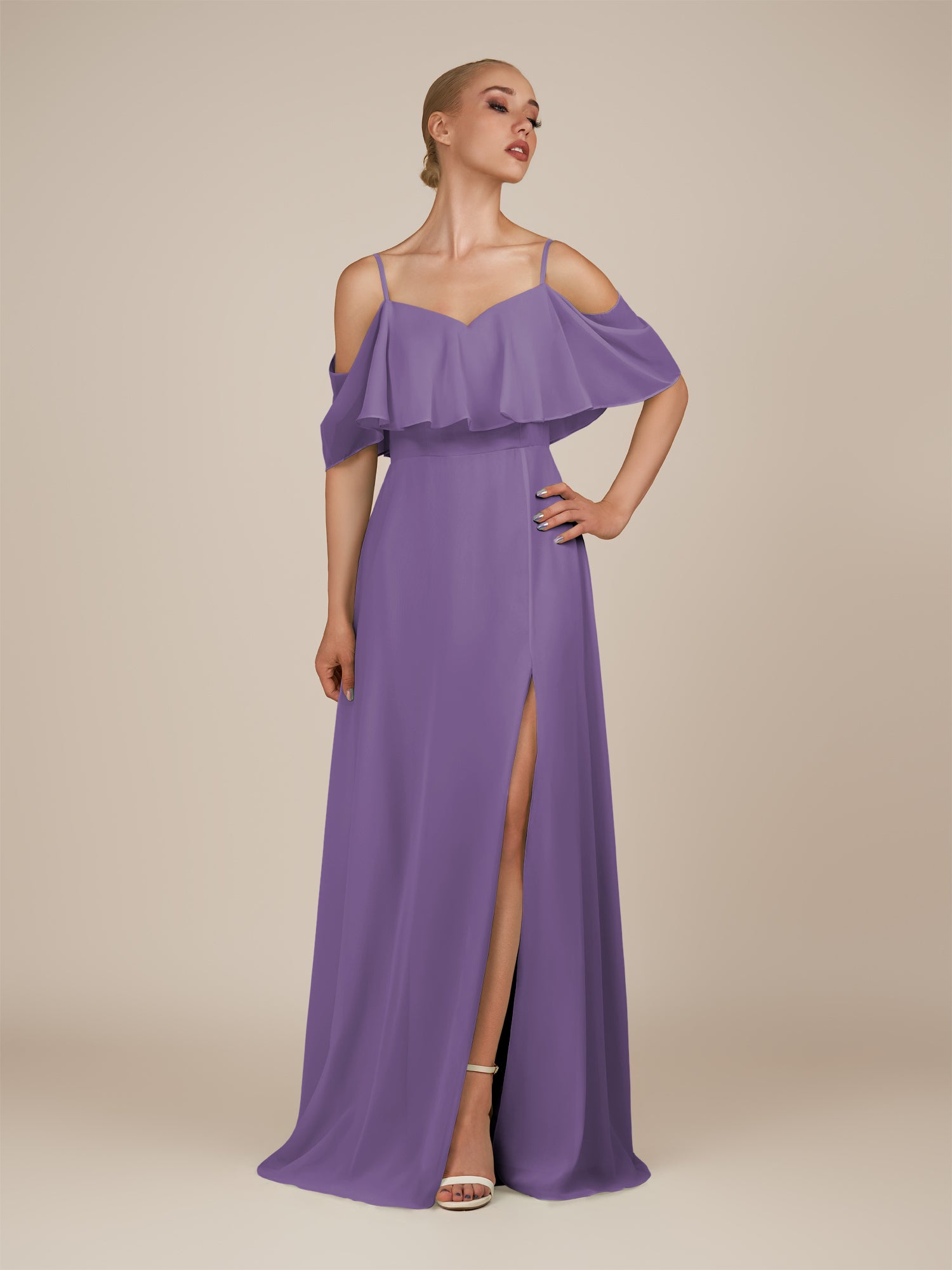 KissDress-Eira Tahiti A Line Chiffon Off the Shoulder Ruffled Overlay Long Bridesmaid Dress with Slit