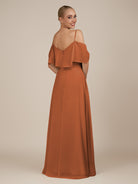 KissDress-Eira Terracotta A Line Chiffon Off the Shoulder Ruffled Overlay Long Bridesmaid Dress with Slit