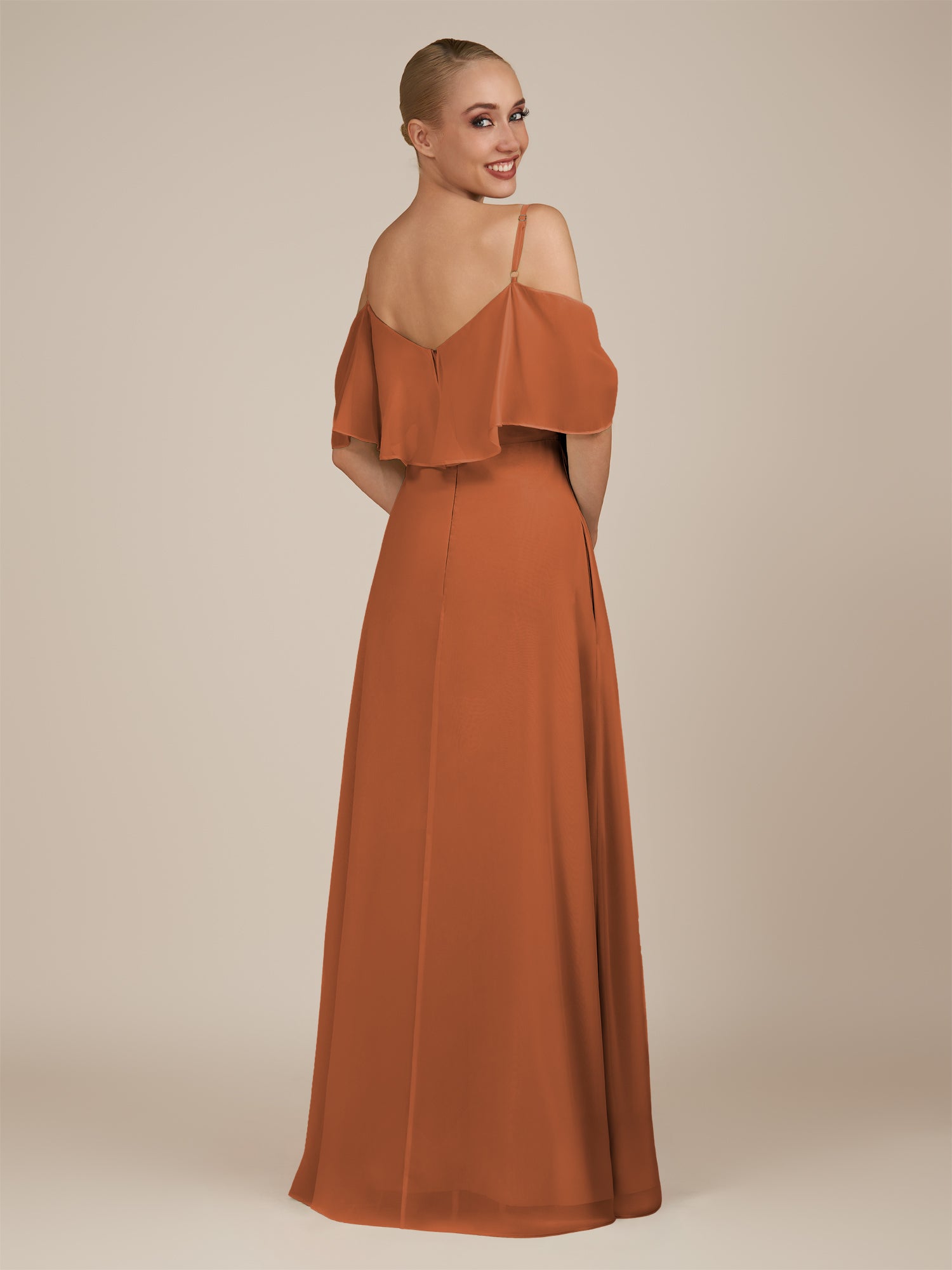 KissDress-Eira Terracotta A Line Chiffon Off the Shoulder Ruffled Overlay Long Bridesmaid Dress with Slit