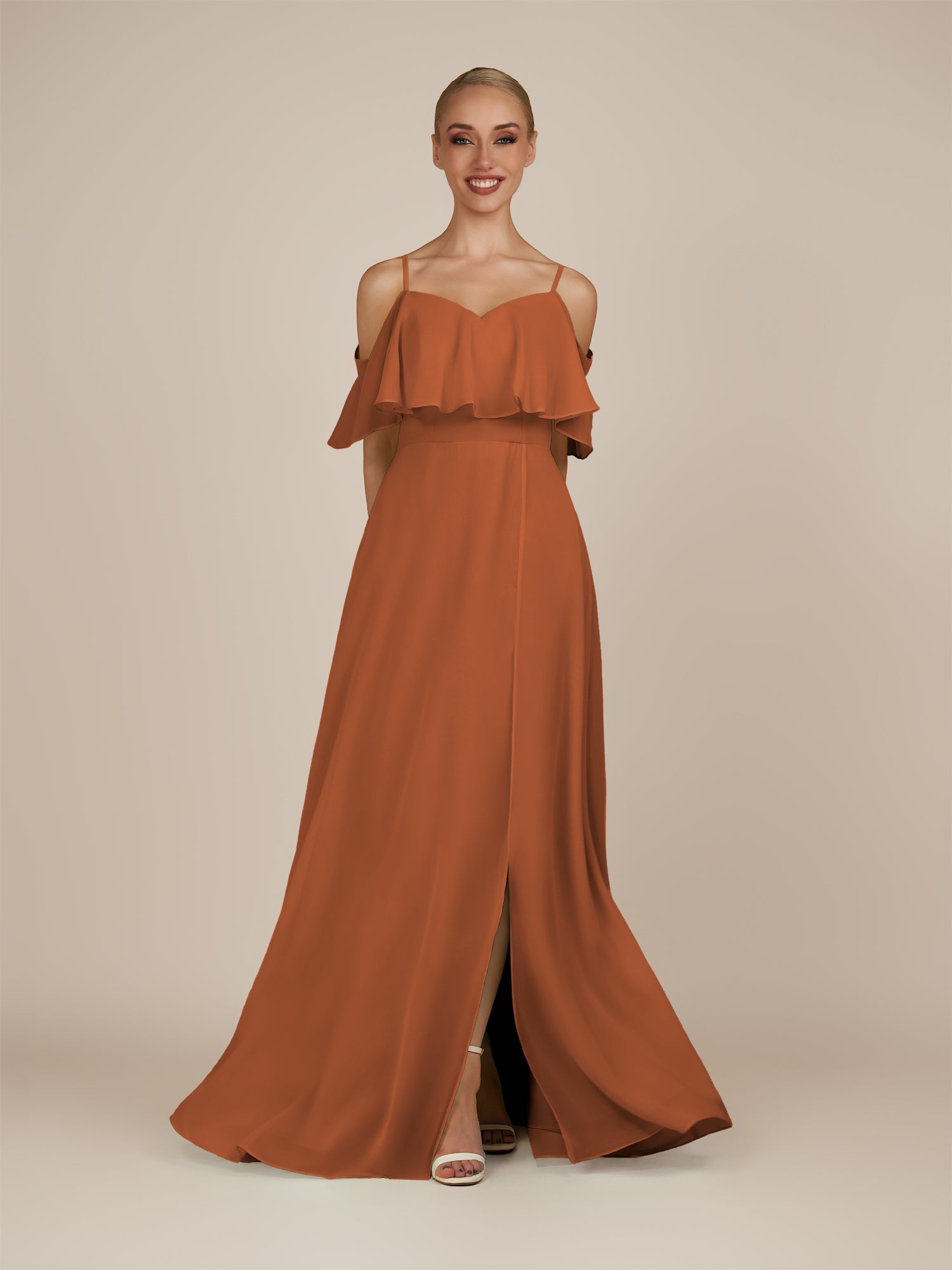 KissDress-Eira Terracotta A Line Chiffon Off the Shoulder Ruffled Overlay Long Bridesmaid Dress with Slit