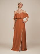 KissDress-Eira Terracotta A Line Chiffon Off the Shoulder Ruffled Overlay Long Bridesmaid Dress with Slit