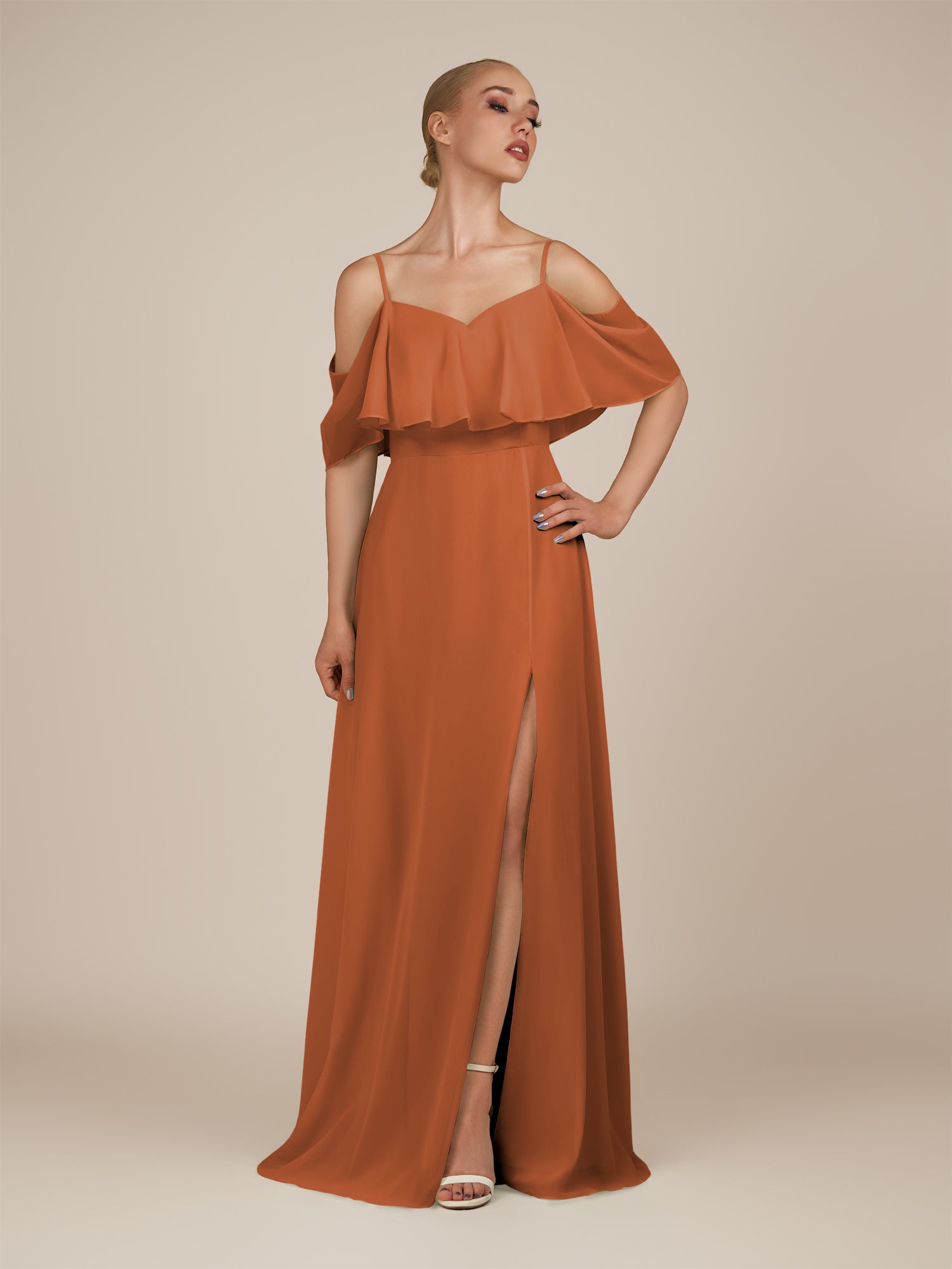 KissDress-Eira Terracotta A Line Chiffon Off the Shoulder Ruffled Overlay Long Bridesmaid Dress with Slit