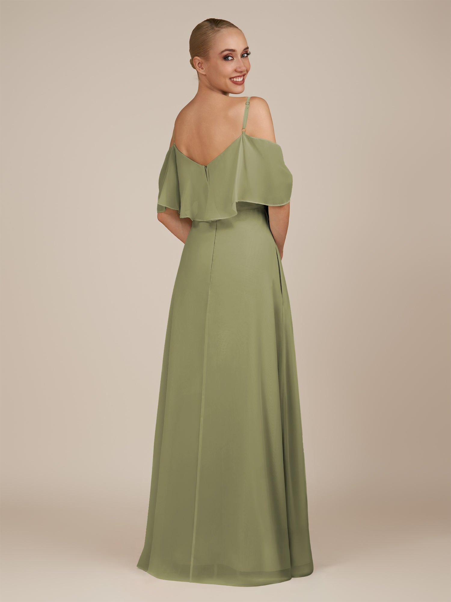 KissDress-Eira Thyme A Line Chiffon Off the Shoulder Ruffled Overlay Long Bridesmaid Dress with Slit