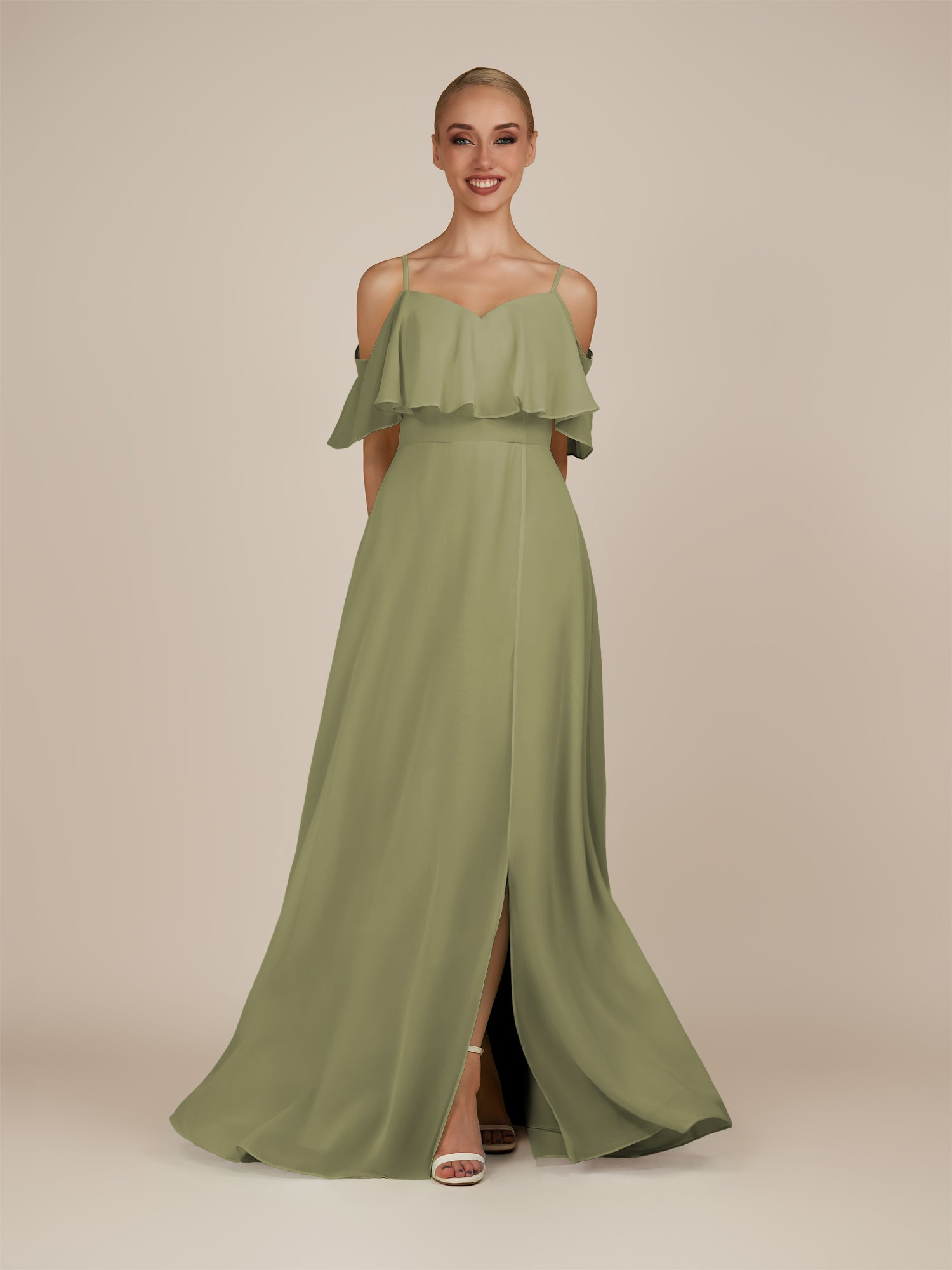 KissDress-Eira Thyme A Line Chiffon Off the Shoulder Ruffled Overlay Long Bridesmaid Dress with Slit