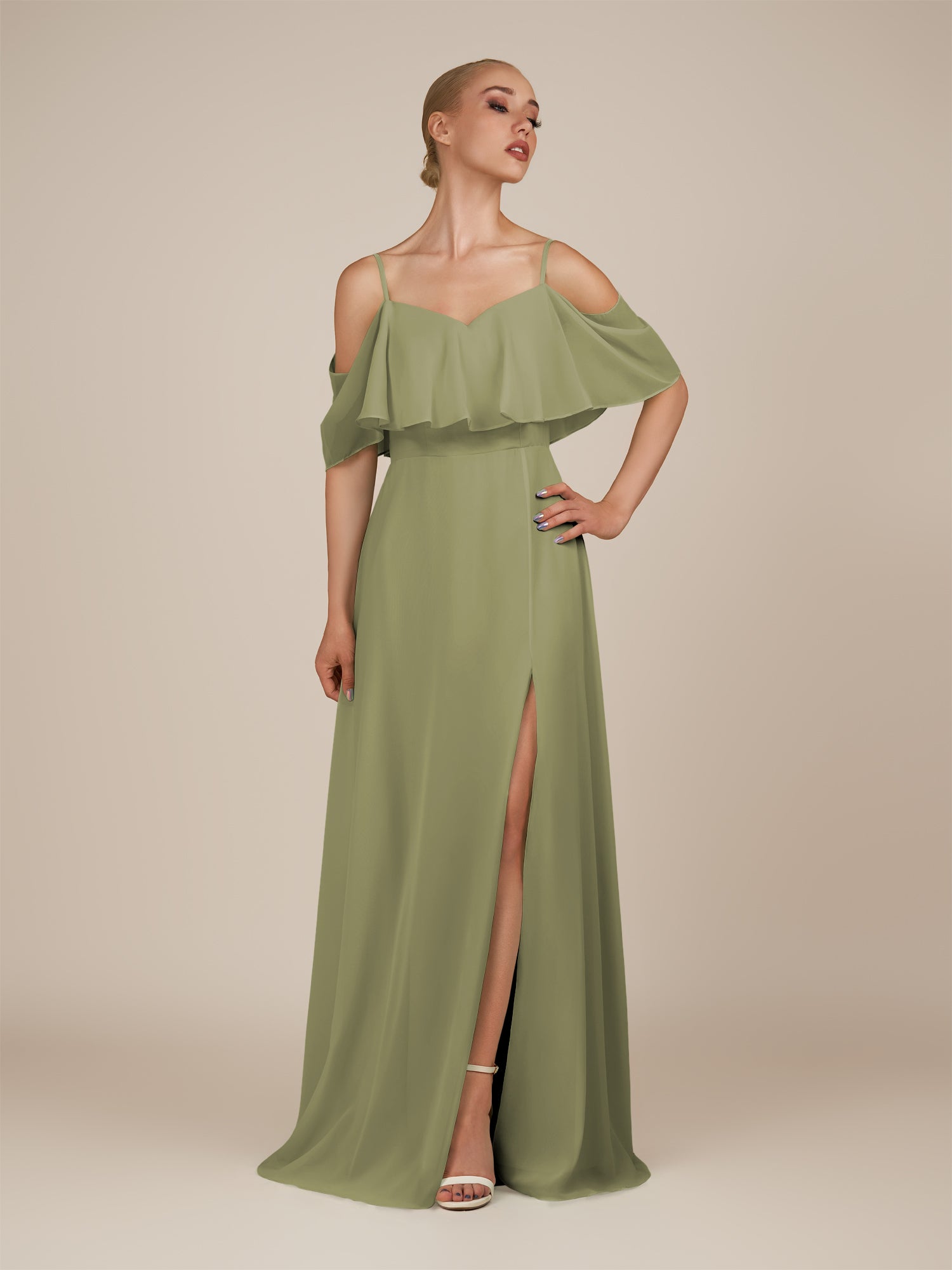 KissDress-Eira Thyme A Line Chiffon Off the Shoulder Ruffled Overlay Long Bridesmaid Dress with Slit