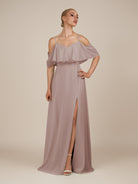 KissDress-Eira Toffee A Line Chiffon Off the Shoulder Ruffled Overlay Long Bridesmaid Dress with Slit