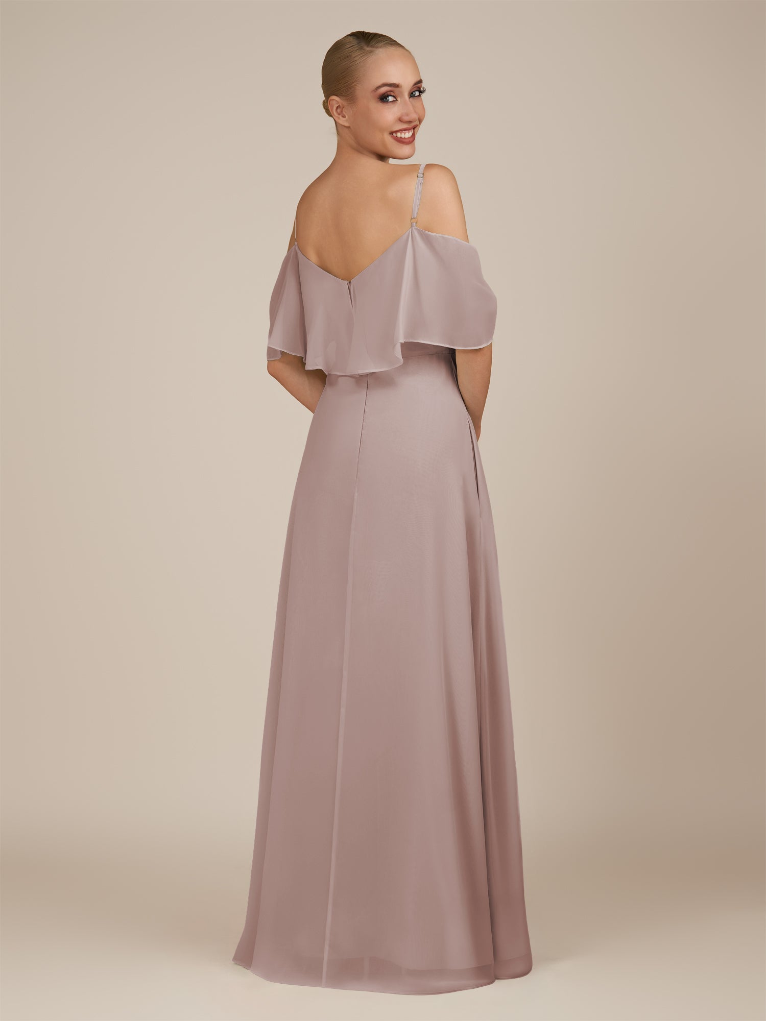 KissDress-Eira Toffee A Line Chiffon Off the Shoulder Ruffled Overlay Long Bridesmaid Dress with Slit