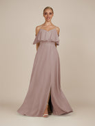 KissDress-Eira Toffee A Line Chiffon Off the Shoulder Ruffled Overlay Long Bridesmaid Dress with Slit