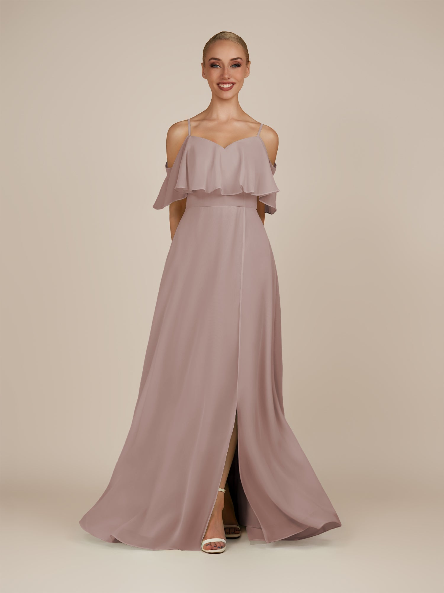 KissDress-Eira Toffee A Line Chiffon Off the Shoulder Ruffled Overlay Long Bridesmaid Dress with Slit