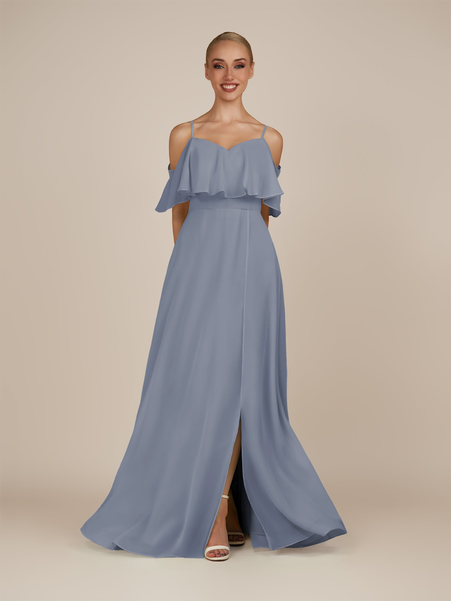 KissDress-Eira Bermuda A Line Chiffon Off the Shoulder Ruffled Overlay Long Bridesmaid Dress with Slit