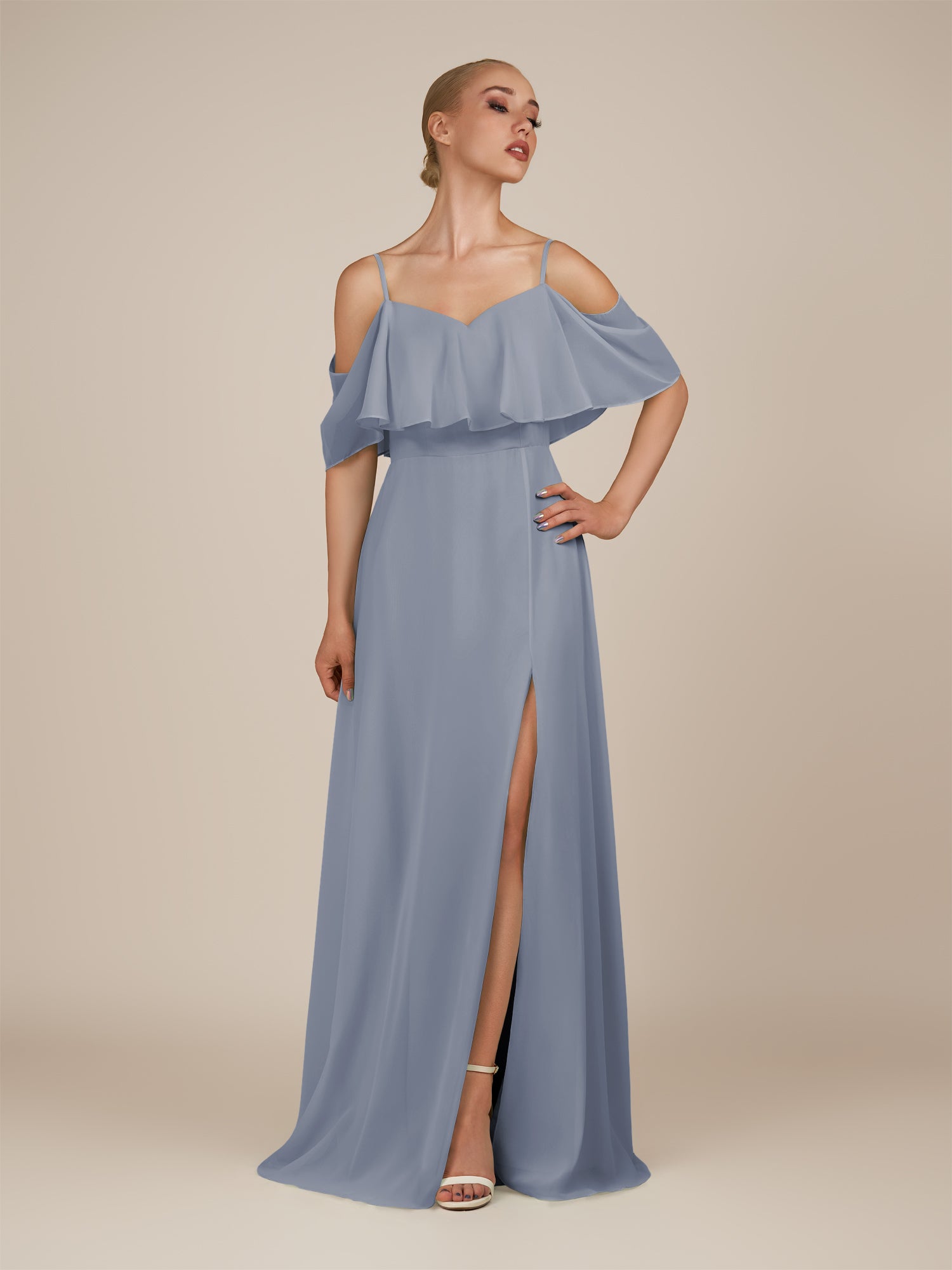 KissDress-Eira Bermuda A Line Chiffon Off the Shoulder Ruffled Overlay Long Bridesmaid Dress with Slit