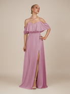 KissDress-Eira Vintage Mauve A Line Chiffon Off the Shoulder Ruffled Overlay Long Bridesmaid Dress with Slit