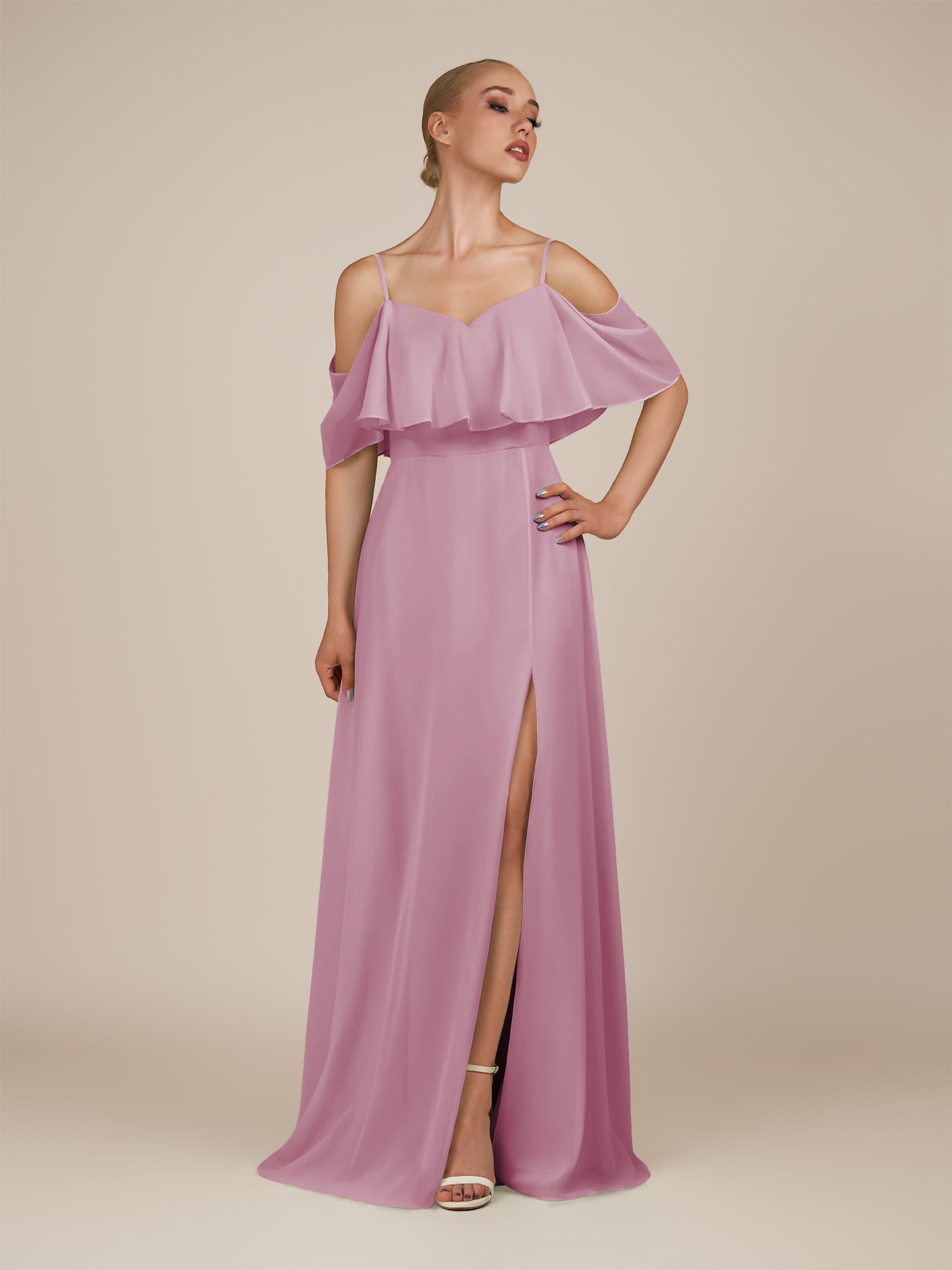 KissDress-Eira Vintage Mauve A Line Chiffon Off the Shoulder Ruffled Overlay Long Bridesmaid Dress with Slit