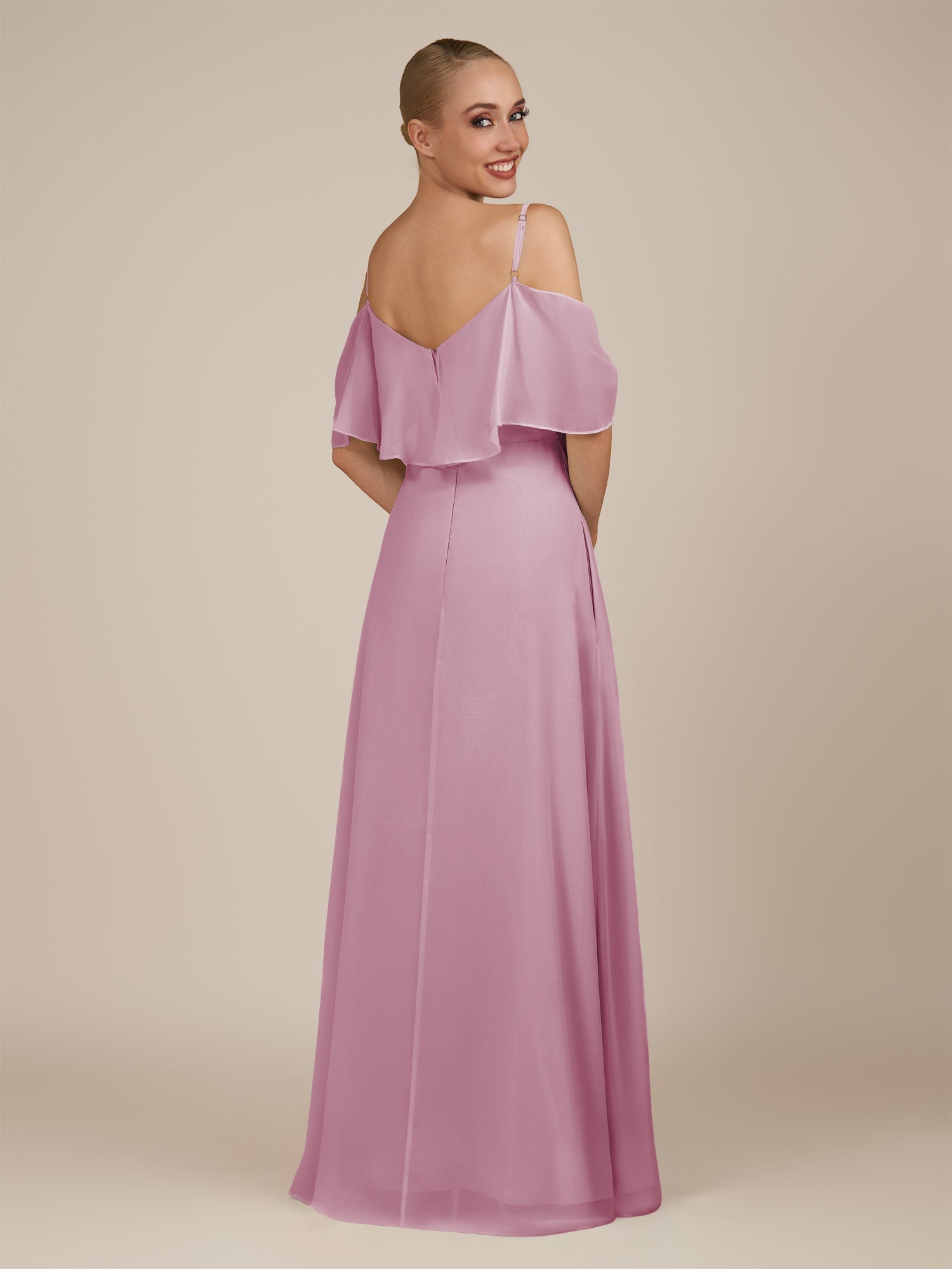 KissDress-Eira Vintage Mauve A Line Chiffon Off the Shoulder Ruffled Overlay Long Bridesmaid Dress with Slit