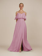 KissDress-Eira Vintage Mauve A Line Chiffon Off the Shoulder Ruffled Overlay Long Bridesmaid Dress with Slit