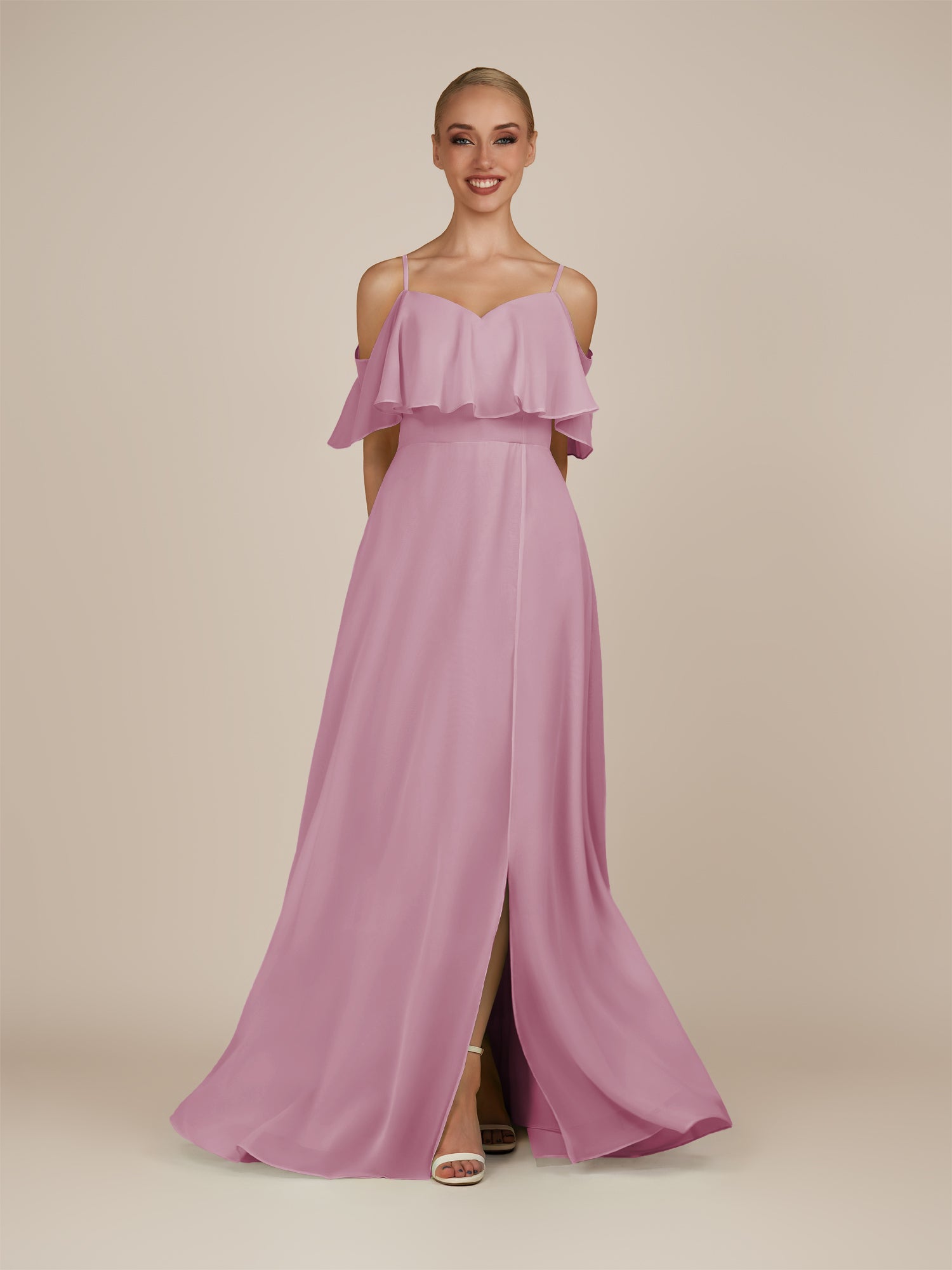 KissDress-Eira Vintage Mauve A Line Chiffon Off the Shoulder Ruffled Overlay Long Bridesmaid Dress with Slit