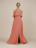 KissDress-Eira Wild Rose A Line Chiffon Off the Shoulder Ruffled Overlay Long Bridesmaid Dress with Slit