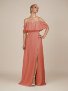 KissDress-Eira Wild Rose A Line Chiffon Off the Shoulder Ruffled Overlay Long Bridesmaid Dress with Slit