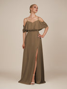 KissDress-Eira Willow Green A Line Chiffon Off the Shoulder Ruffled Overlay Long Bridesmaid Dress with Slit