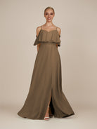KissDress-Eira Willow Green A Line Chiffon Off the Shoulder Ruffled Overlay Long Bridesmaid Dress with Slit