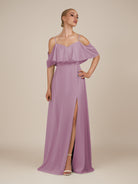 KissDress-Eira Wisteria A Line Chiffon Off the Shoulder Ruffled Overlay Long Bridesmaid Dress with Slit