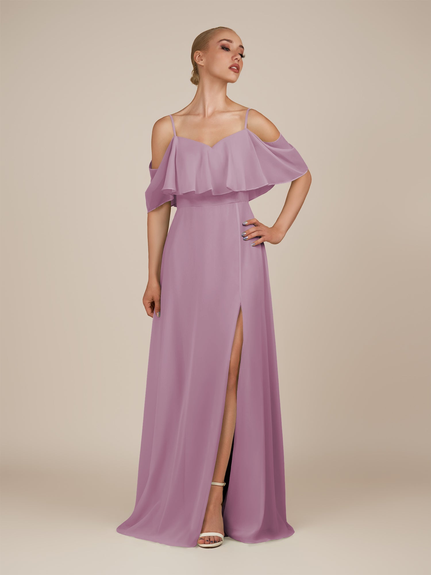 KissDress-Eira Wisteria A Line Chiffon Off the Shoulder Ruffled Overlay Long Bridesmaid Dress with Slit