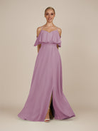 KissDress-Eira Wisteria A Line Chiffon Off the Shoulder Ruffled Overlay Long Bridesmaid Dress with Slit