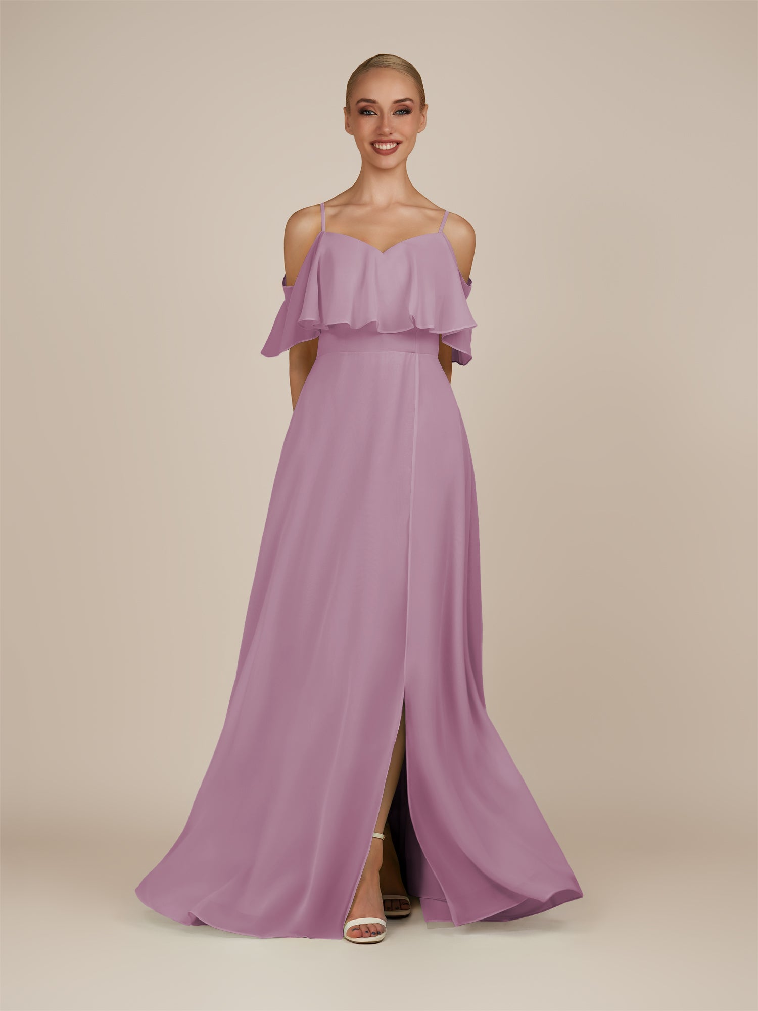 KissDress-Eira Wisteria A Line Chiffon Off the Shoulder Ruffled Overlay Long Bridesmaid Dress with Slit