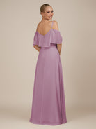 KissDress-Eira Wisteria A Line Chiffon Off the Shoulder Ruffled Overlay Long Bridesmaid Dress with Slit