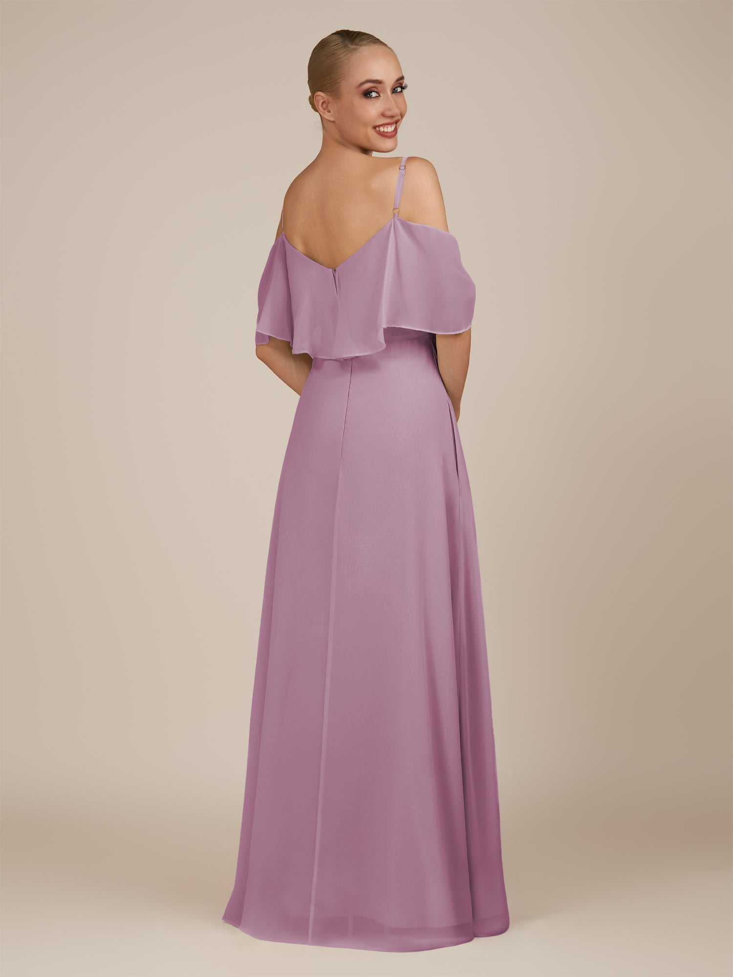 KissDress-Eira Wisteria A Line Chiffon Off the Shoulder Ruffled Overlay Long Bridesmaid Dress with Slit