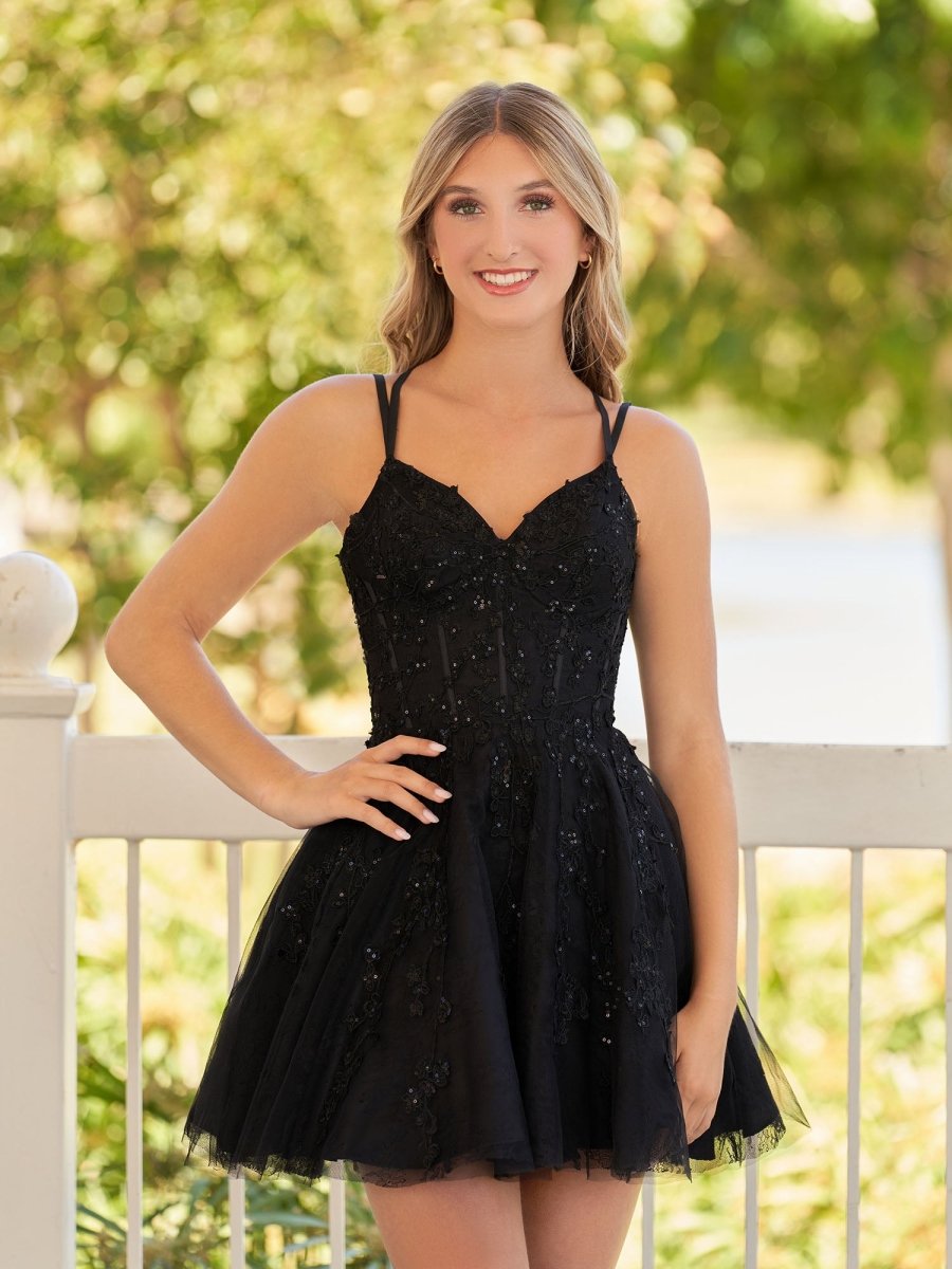Elara | A - Line Lace Spaghetti - Straps Black short Homecoming Dress - KissProm