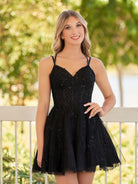 Elara | A - Line Lace Spaghetti - Straps Black short Homecoming Dress - KissProm