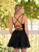 Elara | A - Line Lace Spaghetti - Straps Black short Homecoming Dress - KissProm