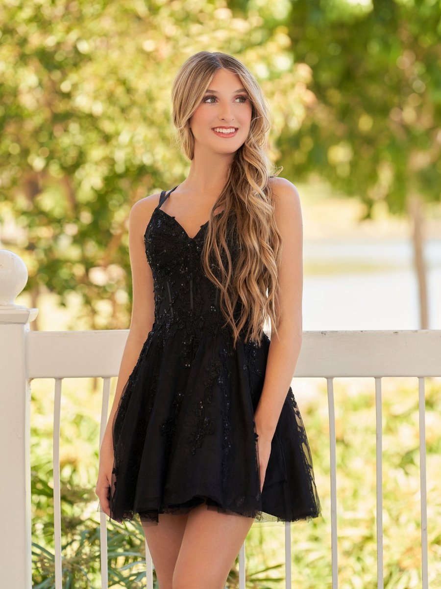Elara | A - Line Lace Spaghetti - Straps Black short Homecoming Dress - KissProm