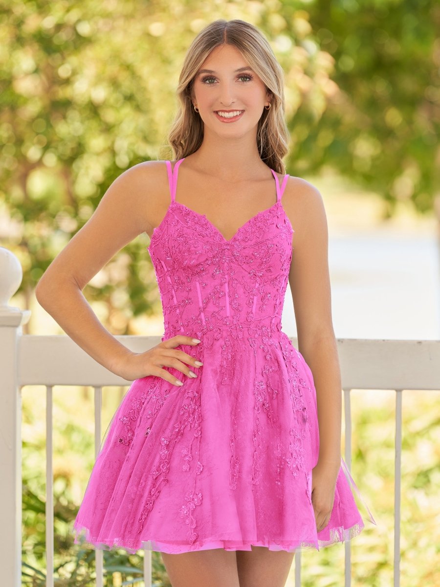 Elara | A - Line Lace Spaghetti - Straps Black short Homecoming Dress - KissProm