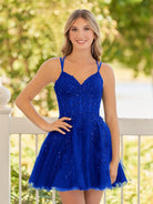 Elara | A - Line Lace Spaghetti - Straps Black short Homecoming Dress - KissProm