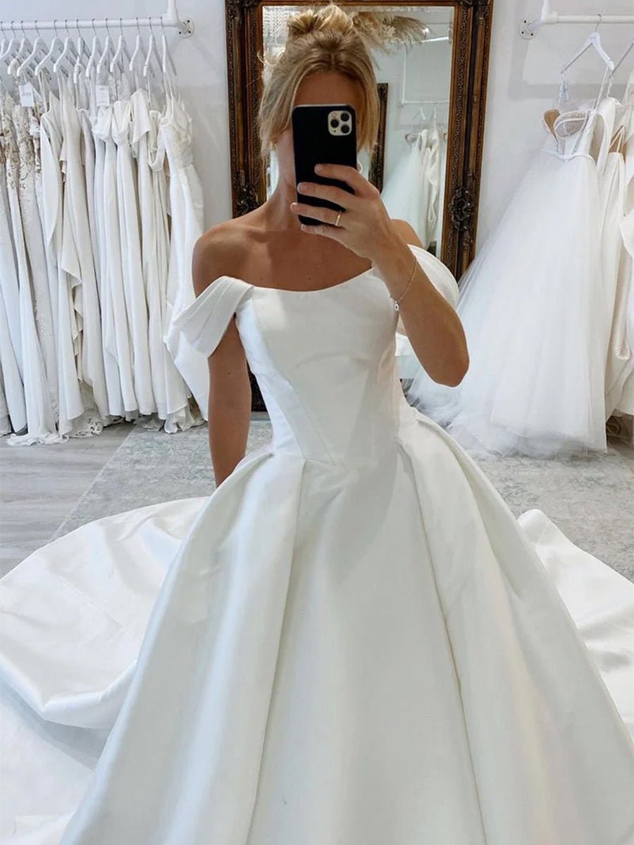 KissDress-Elly  Elegant A-Line Off the Shoulder White Satin Wedding Dresses