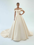 KissDress-Elly  Elegant A-Line Off the Shoulder White Satin Wedding Dresses