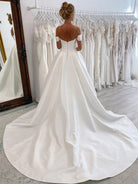 KissDress-Elly  Elegant A-Line Off the Shoulder White Satin Wedding Dresses