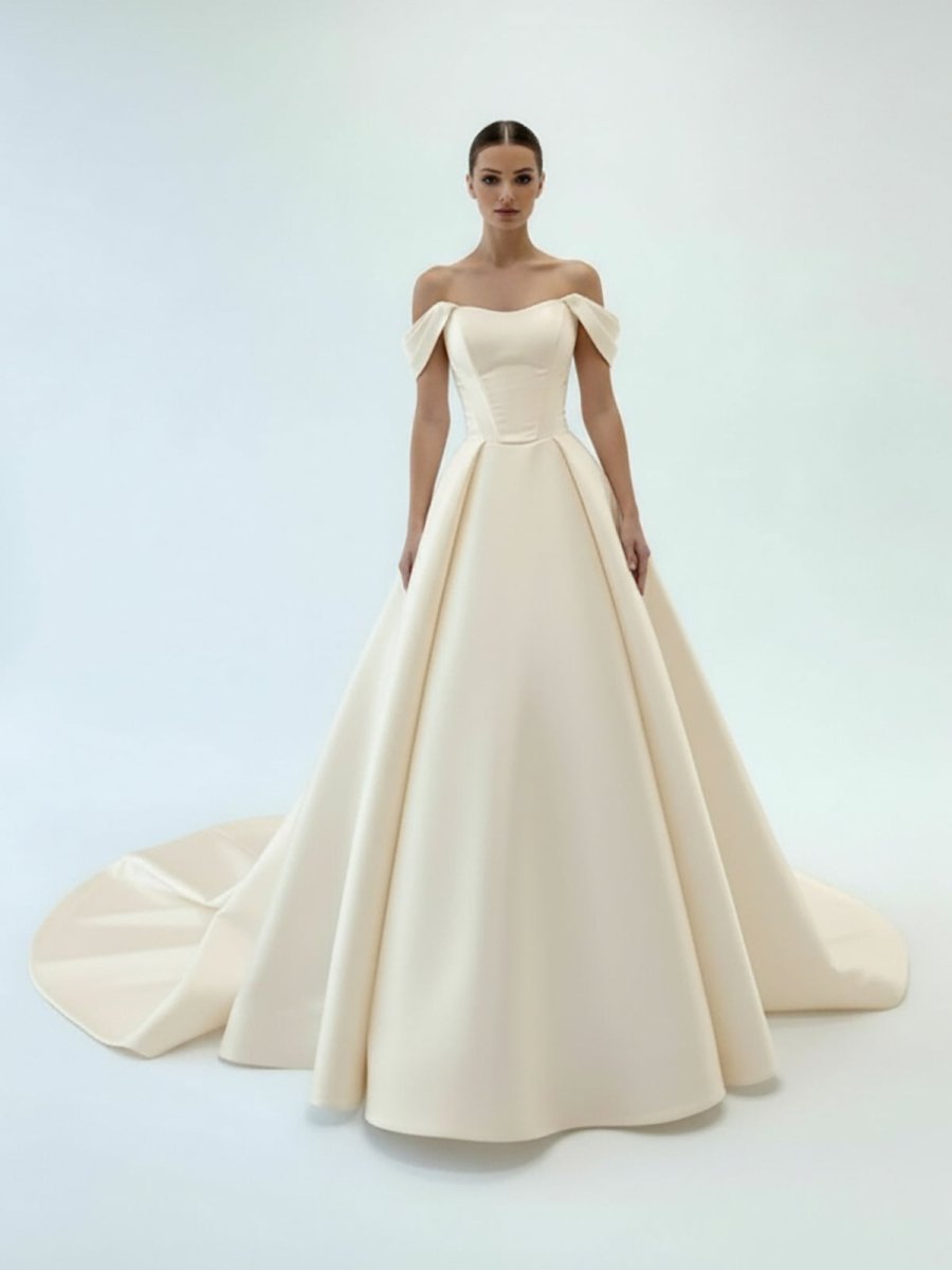 KissDress-Elly  Elegant A-Line Off the Shoulder White Satin Wedding Dresses