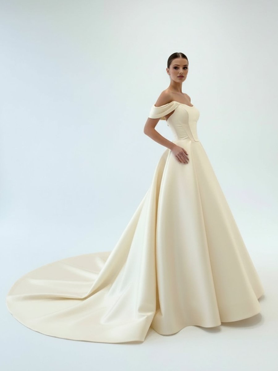 KissDress-Elly  Elegant A-Line Off the Shoulder White Satin Wedding Dresses