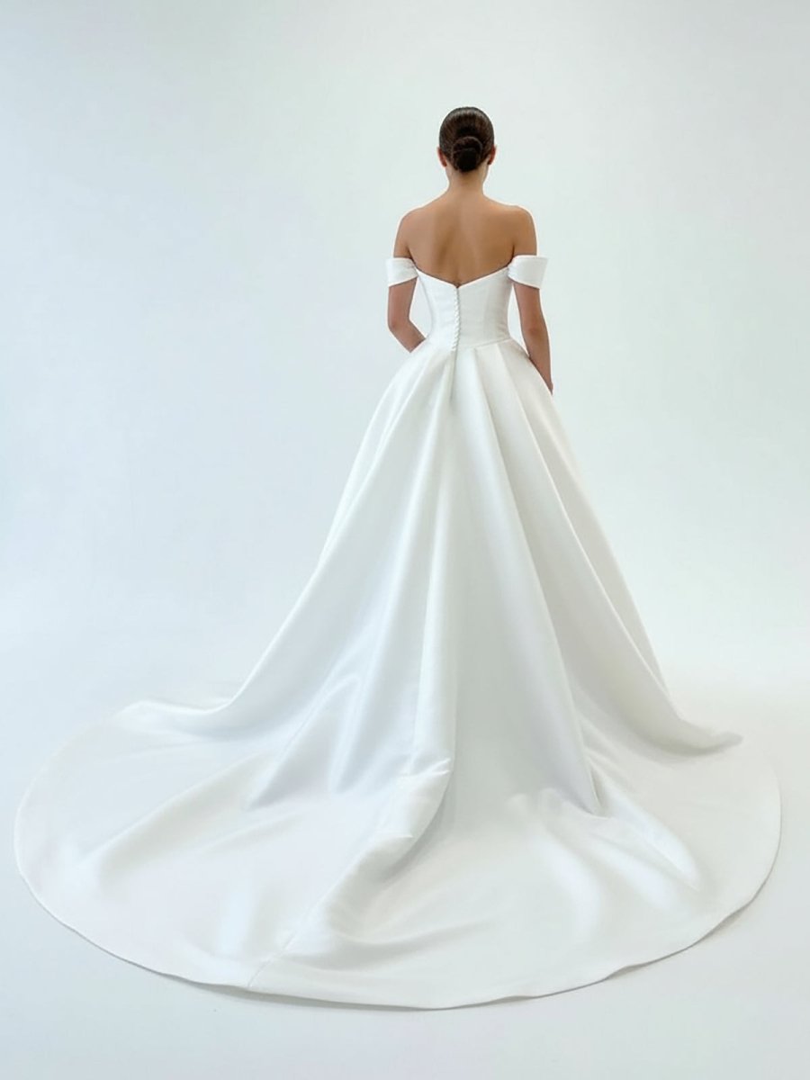 KissDress-Elly  Elegant A-Line Off the Shoulder White Satin Wedding Dresses