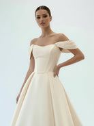 KissDress-Elly  Elegant A-Line Off the Shoulder White Satin Wedding Dresses