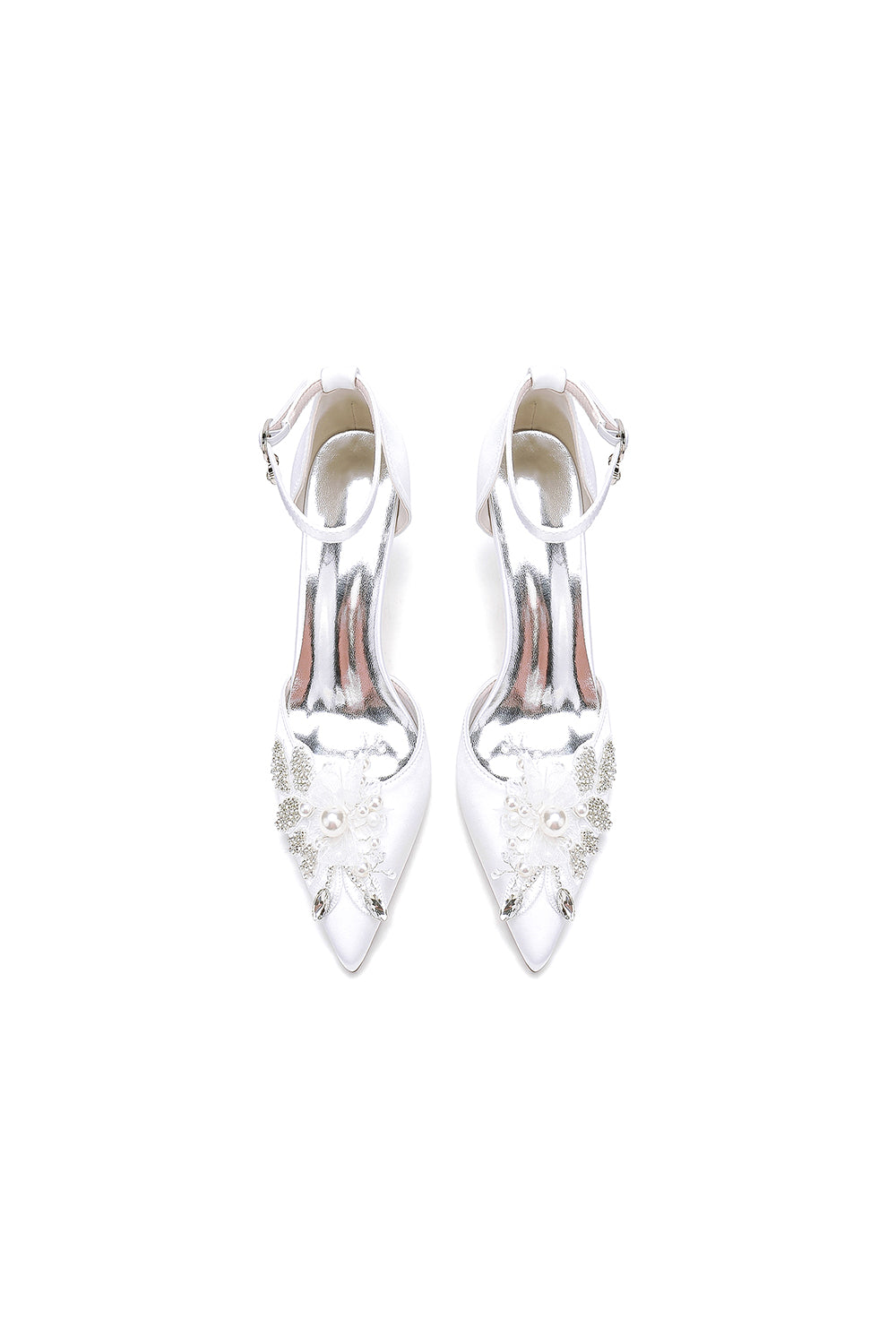 Elegant Ankle Strap White Wedding Shoes With Rhinestone Flower