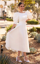 Elegant Bateau A Line Satin Knee - length Wedding Dress - KissProm