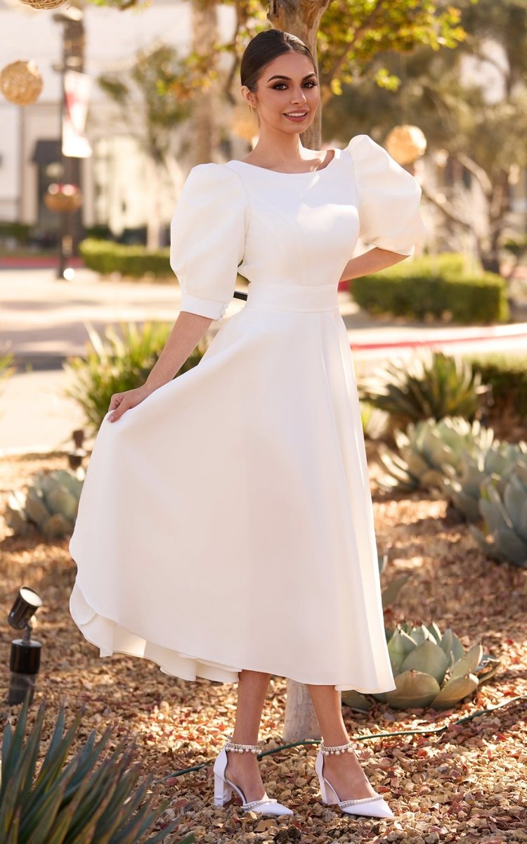 Elegant Bateau A Line Satin Knee - length Wedding Dress - KissProm