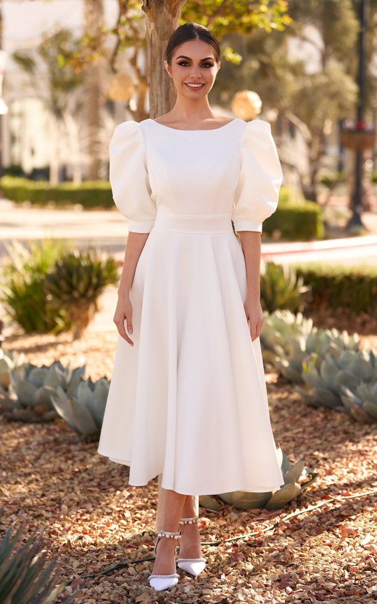 Elegant Bateau A Line Satin Knee - length Wedding Dress - KissProm