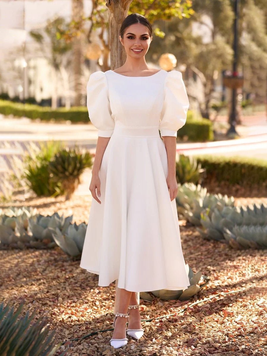 Cadwallon | Elegant Bateau A Line Satin Knee-length Wedding Dress KissDress Cadwallon | Elegant Bateau A Line Satin Knee-length Wedding Dress KissDress